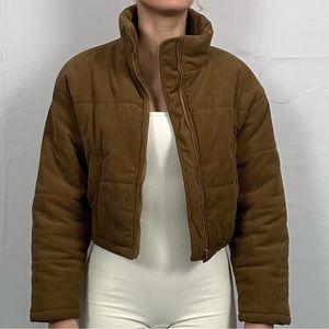 Brown puffy cropped jacket shein